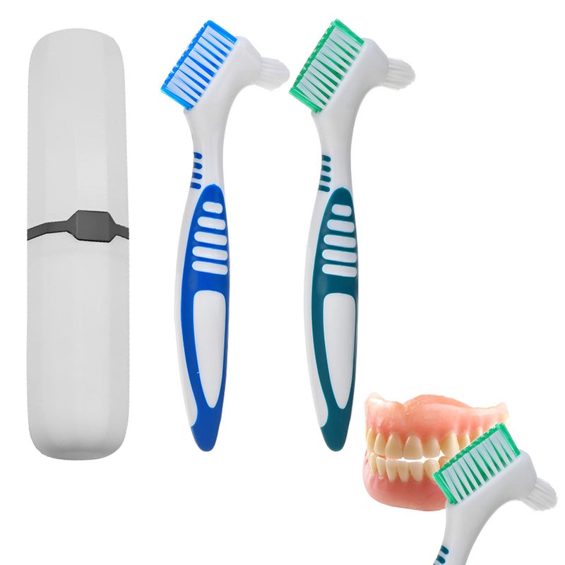 2PCS Denture Brush with Case,Denture Toothbrush with Double Bristle Heads,Portable Retainer & False Retainer Brush,Denture Brushes for Cleaning False Teeth,Ergonomic Rubber Handle(Blue,Green)